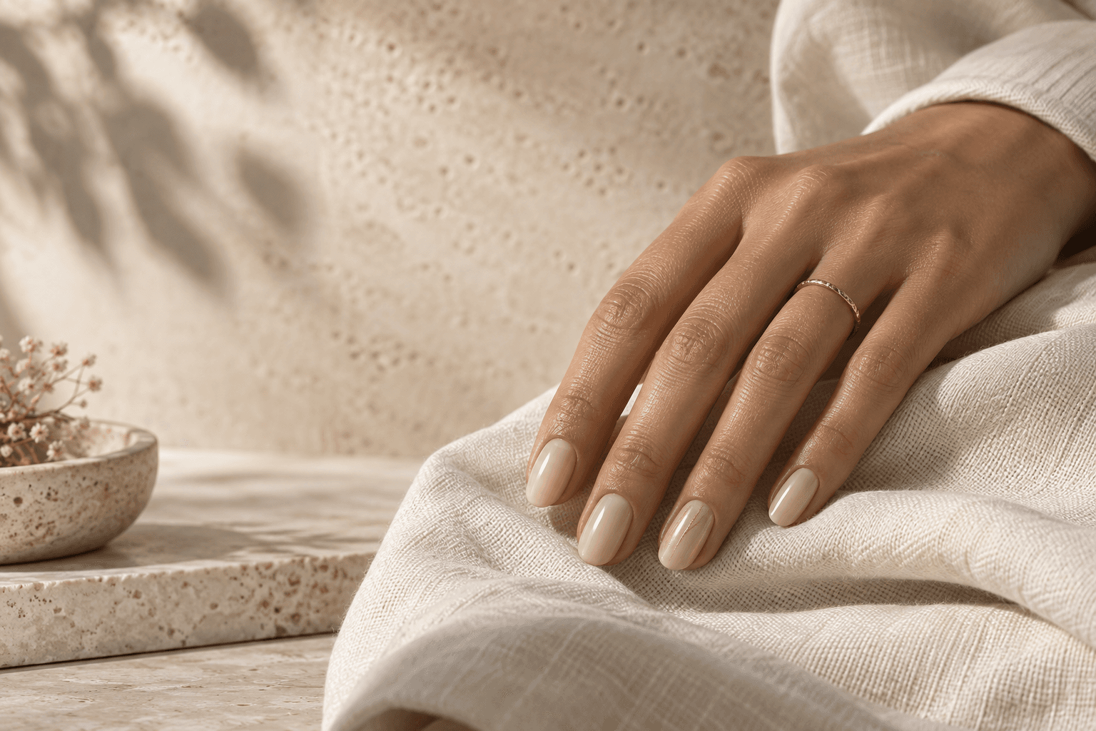 Soft nude manicure with a delicate champagne accent