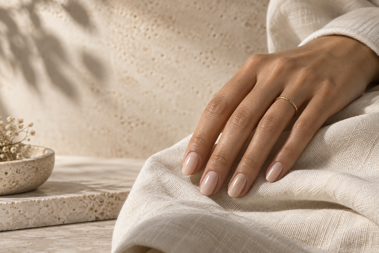 Soft nude manicure with a delicate champagne accent